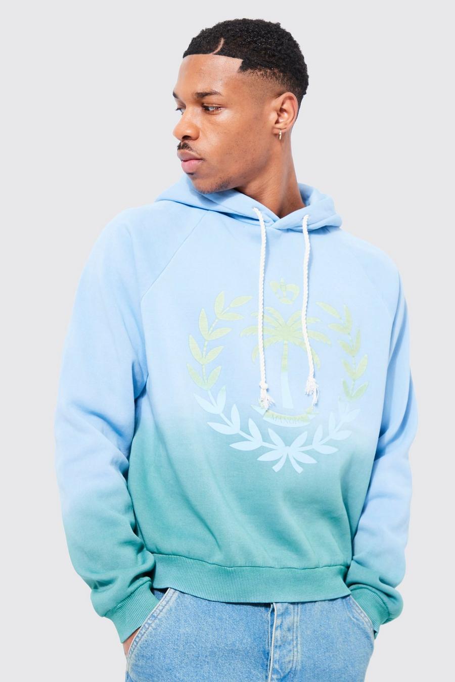 Blue Boxy Raglan Ombre Puff Print Hoodie  image number 1