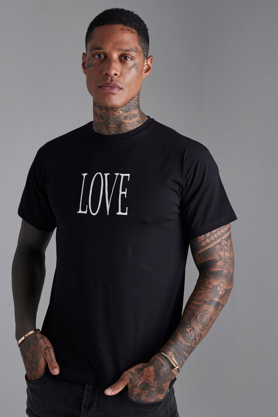 Black Slim Fit Embroidered Slogan T-shirt