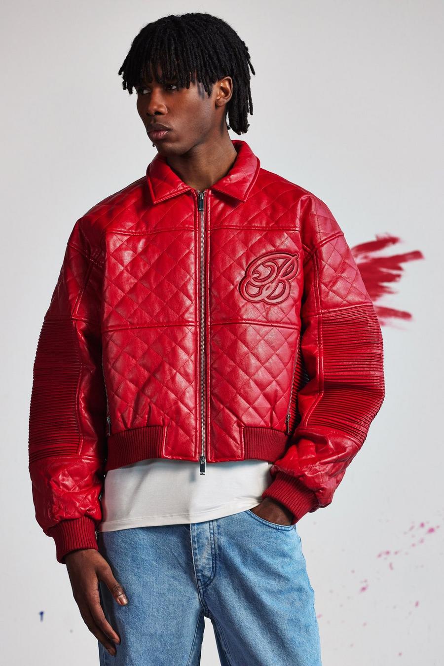 Red Boxy Fit Pu Quilted Collared Bomber image number 1