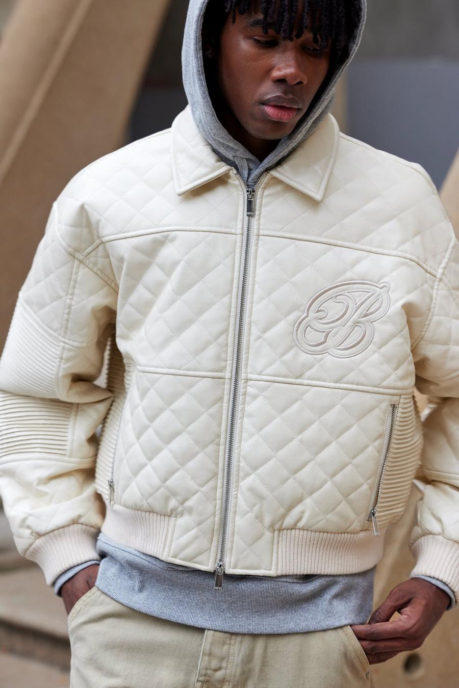 Ecru white Boxy Fit Pu Quilted Collared Bomber
