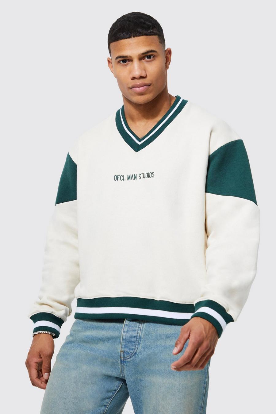 Ecru Oversized Boxy V-neck Varsity Sweatshirt image number 1