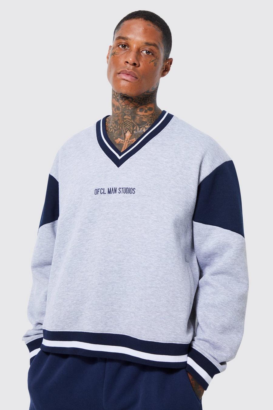 Grey marl Oversized Boxy V-neck Varsity Sweatshirt image number 1