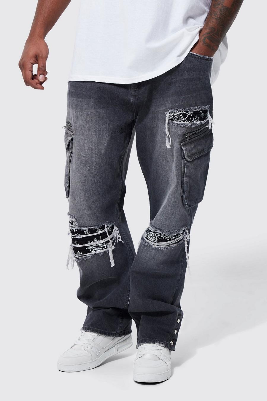 Mid grey Plus Straight Leg Cargo Rip & Repair Jean  image number 1