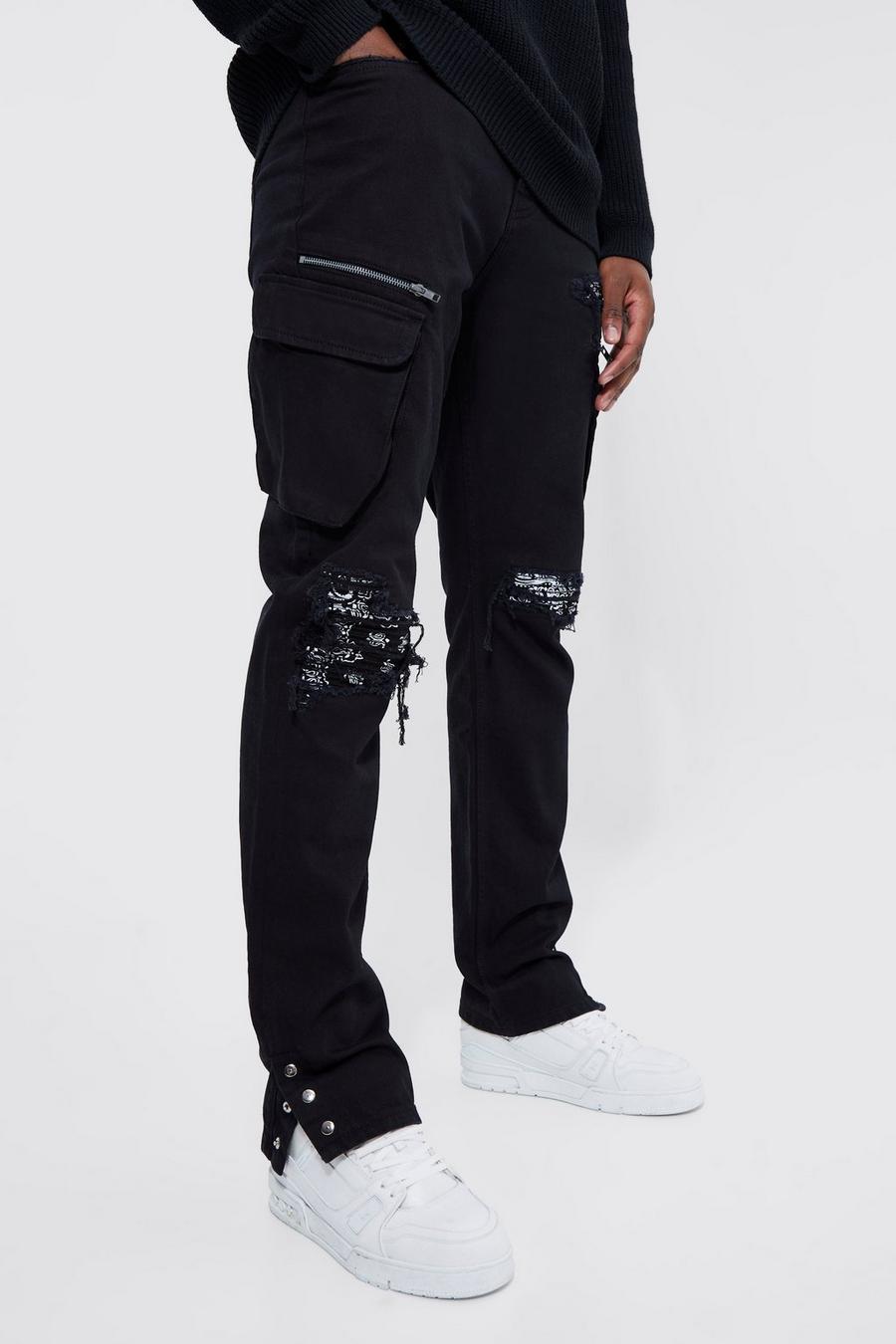 Tall Cargo-Jeans mit geradem Bein und Rissen, Black noir