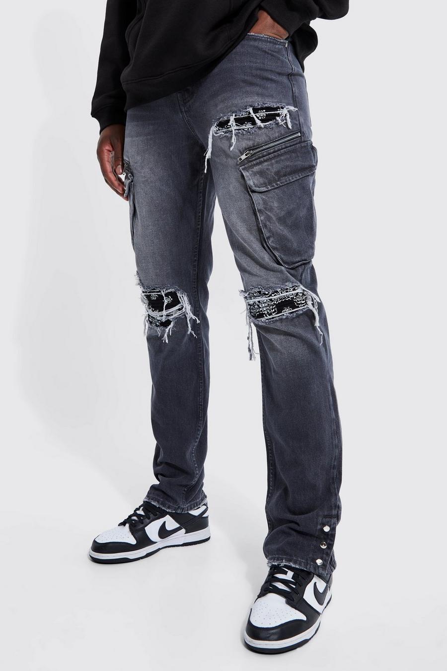 Tall Straight Leg Cargo Rip & Repair Jean , Mid grey grigio