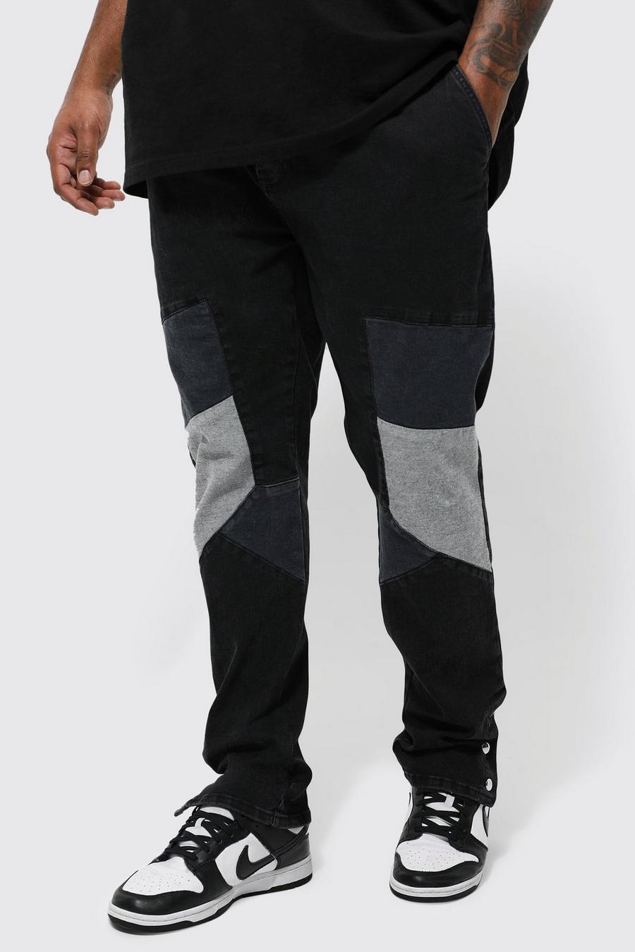 שחור דהוי ג'ינס סקיני נמתח בסגנון ספורט מוטורי עם מכפלת תיקתקים, מידות גדולות image number 1