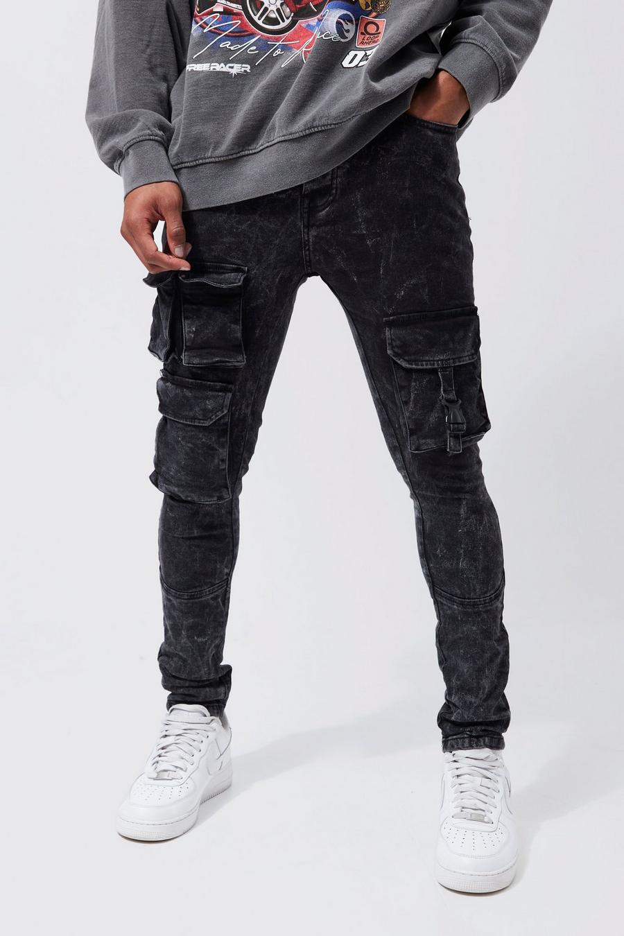 Charcoal grey Skinny Stretch Acid Wash 3d Cargo Jeans image number 1