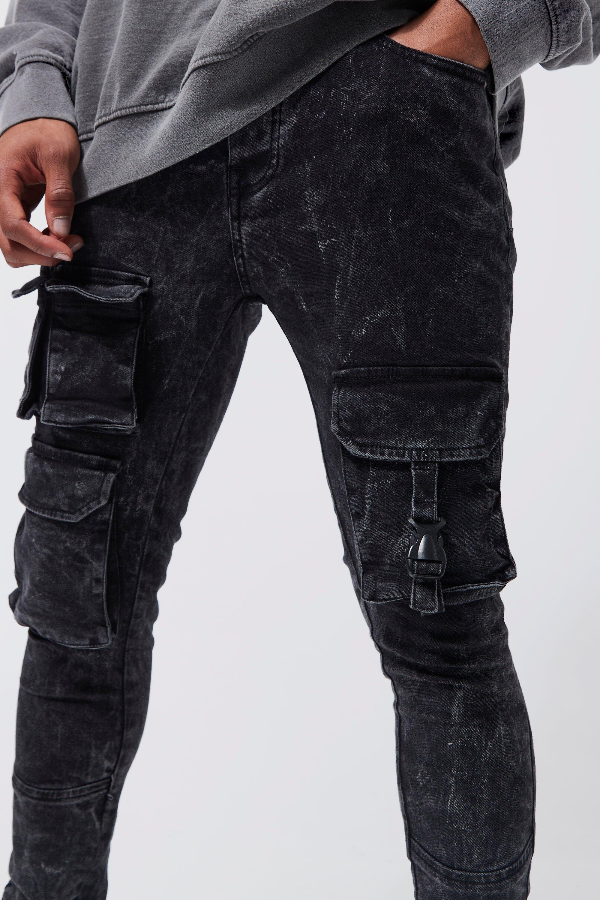 Skinny Stretch Acid Wash 3d Cargo Jeans