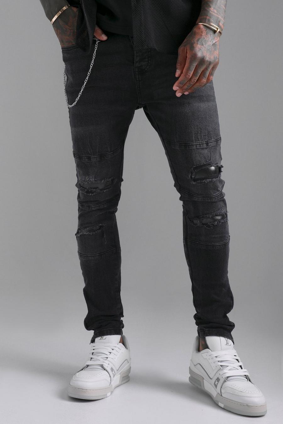 Washed black Skinny Stretch Ripped Jeans With Chain image number 1