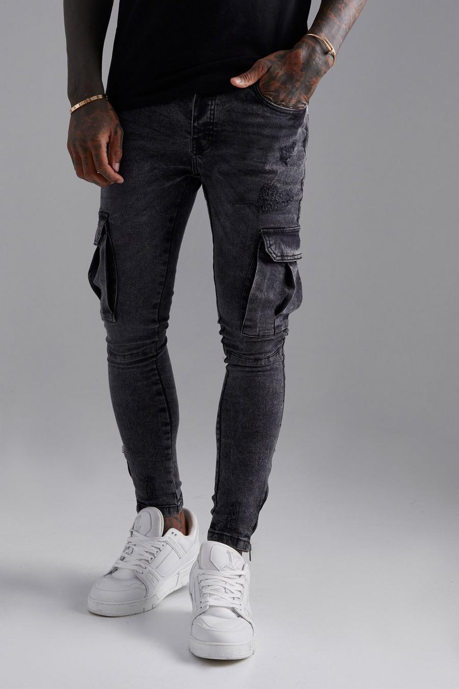 Charcoal gris Skinny Stretch Acid Wash Cargo Jeans image number 1