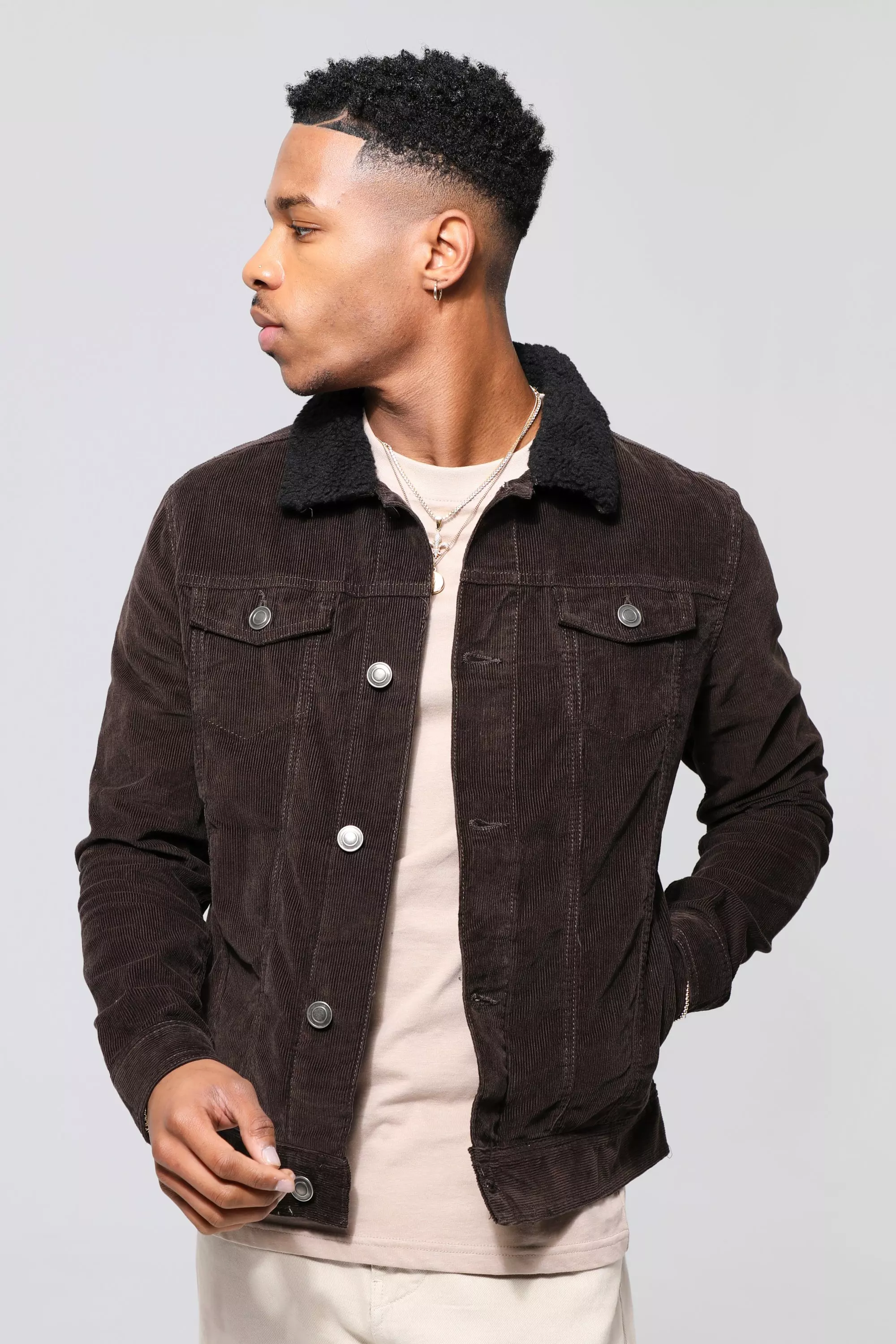 Dark brown Corduroy Jacket With Borg Collar alternative image
