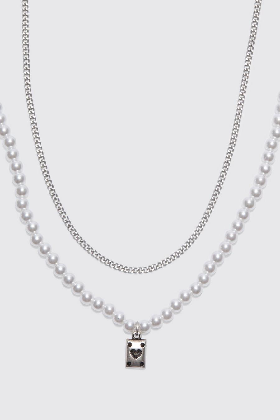 Collana a catena a due fili con perle e pendente, Silver image number 1