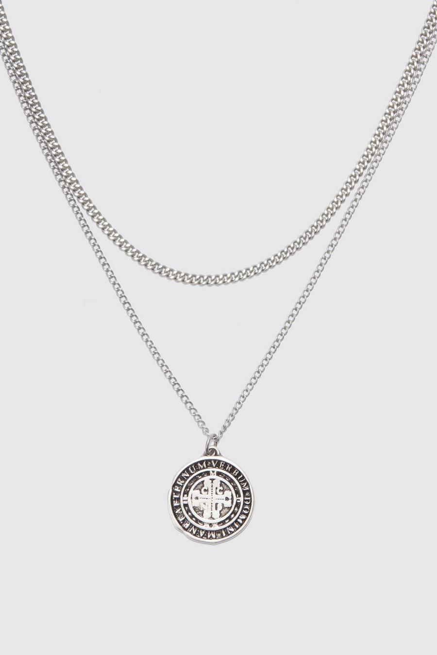 Silver Double Layer Coin Pendant Necklace image number 1
