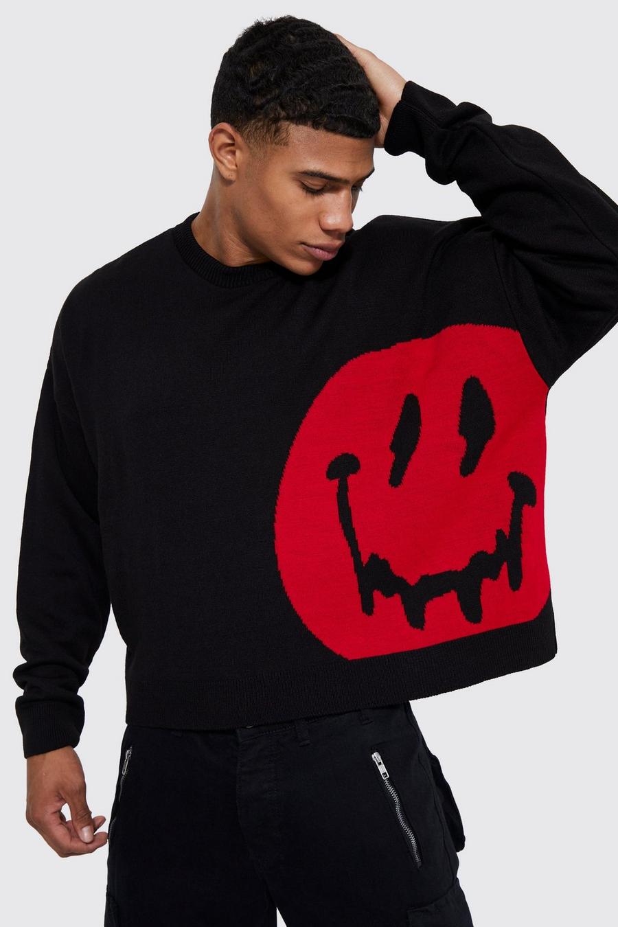 Black Placement Drip Face Boxy Knitted Jumper image number 1