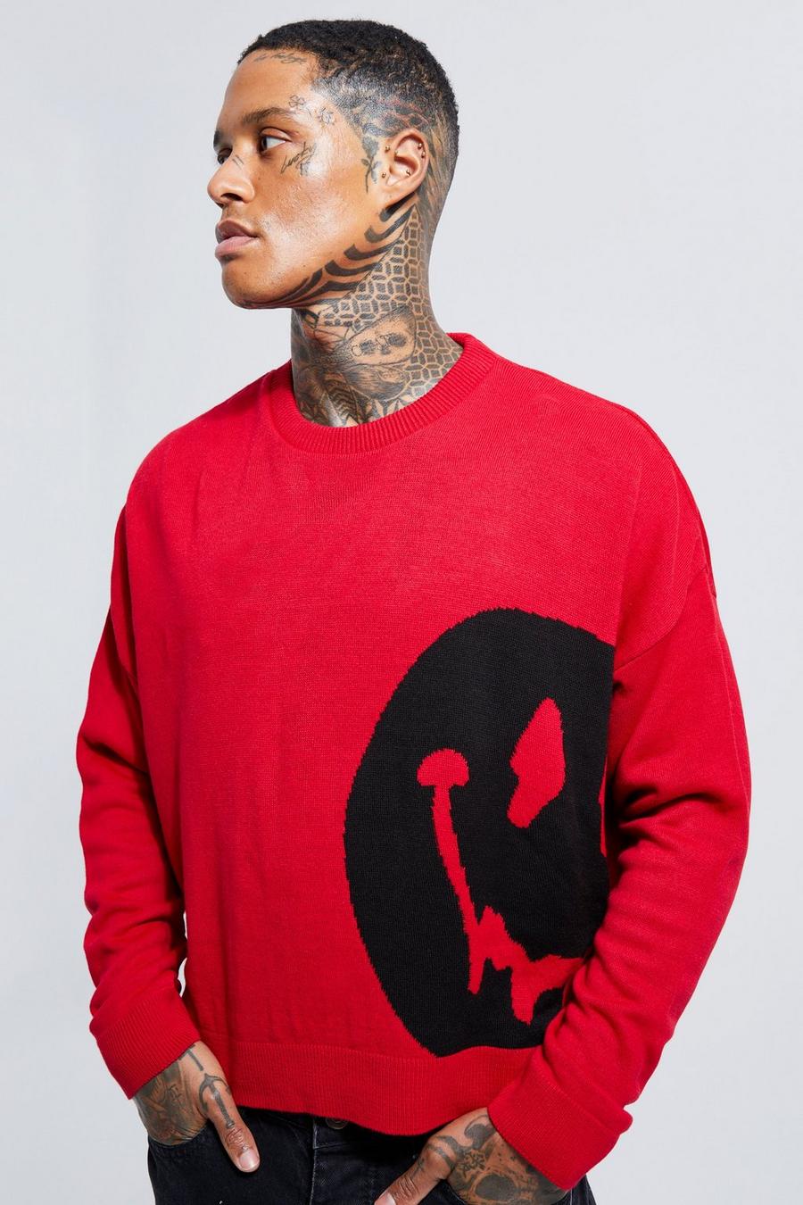Red Placement Drip Face Boxy Knitted Jumper image number 1