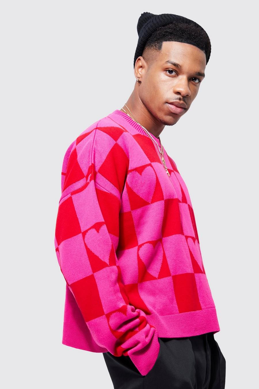 Boxy Heart Checkerboard Knitted Jumper | boohoo USA Boxy Heart Checkerboard Knitted Jumper | boohoo USA