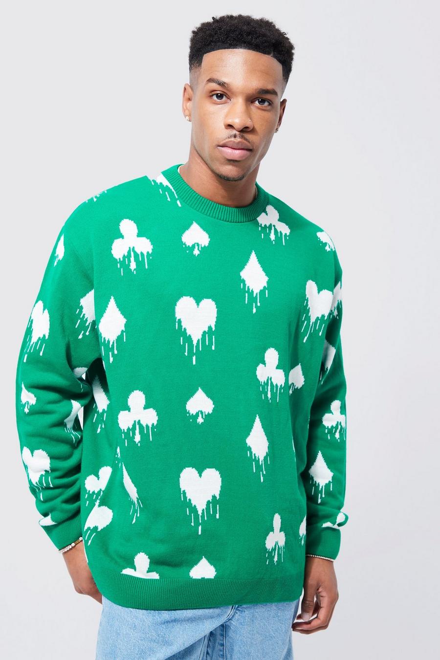 Green Heart And Spade Oversized Knitted Jumper image number 1