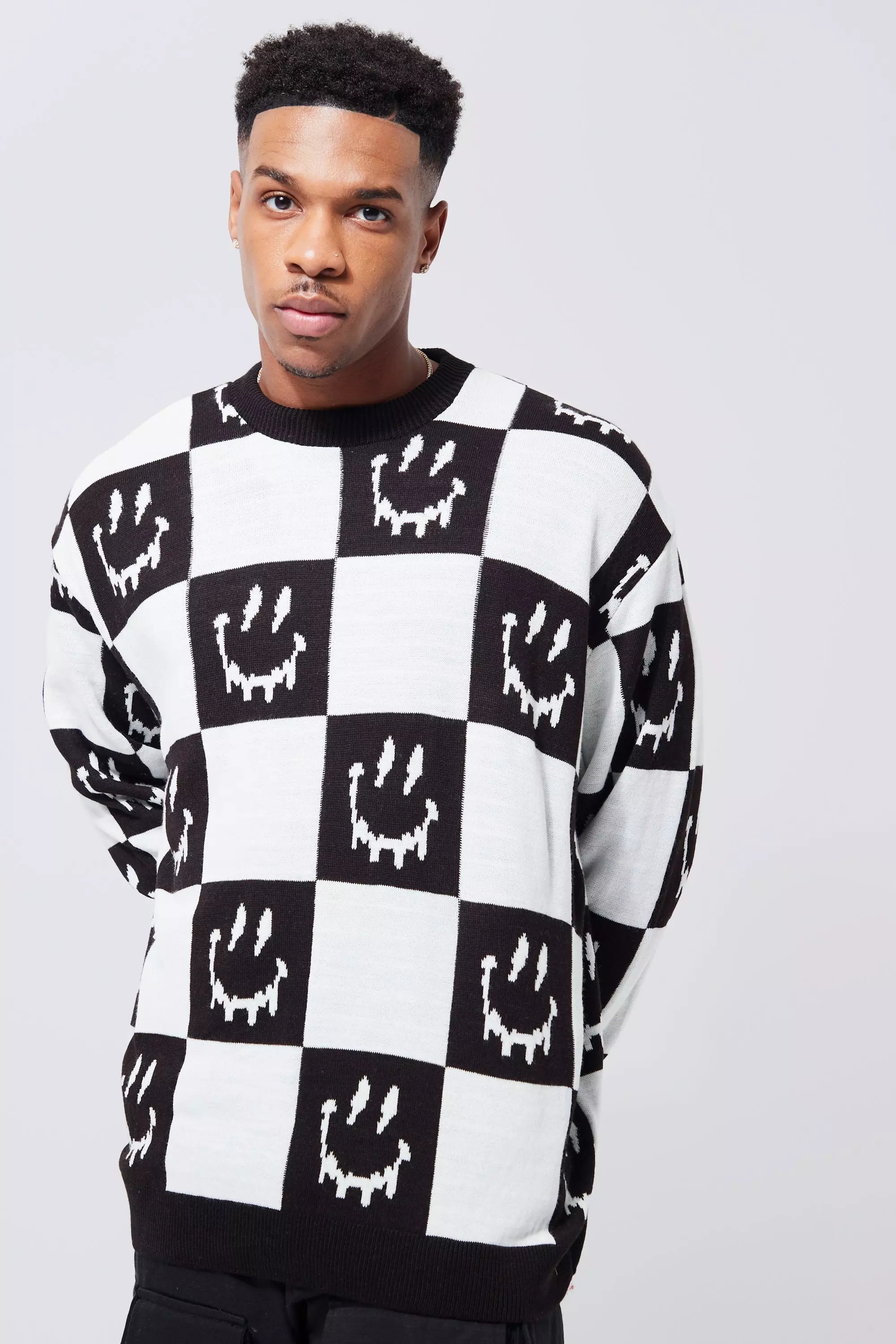 Ecru Checkerboard Face Oversized Knitted Jumper alternative image