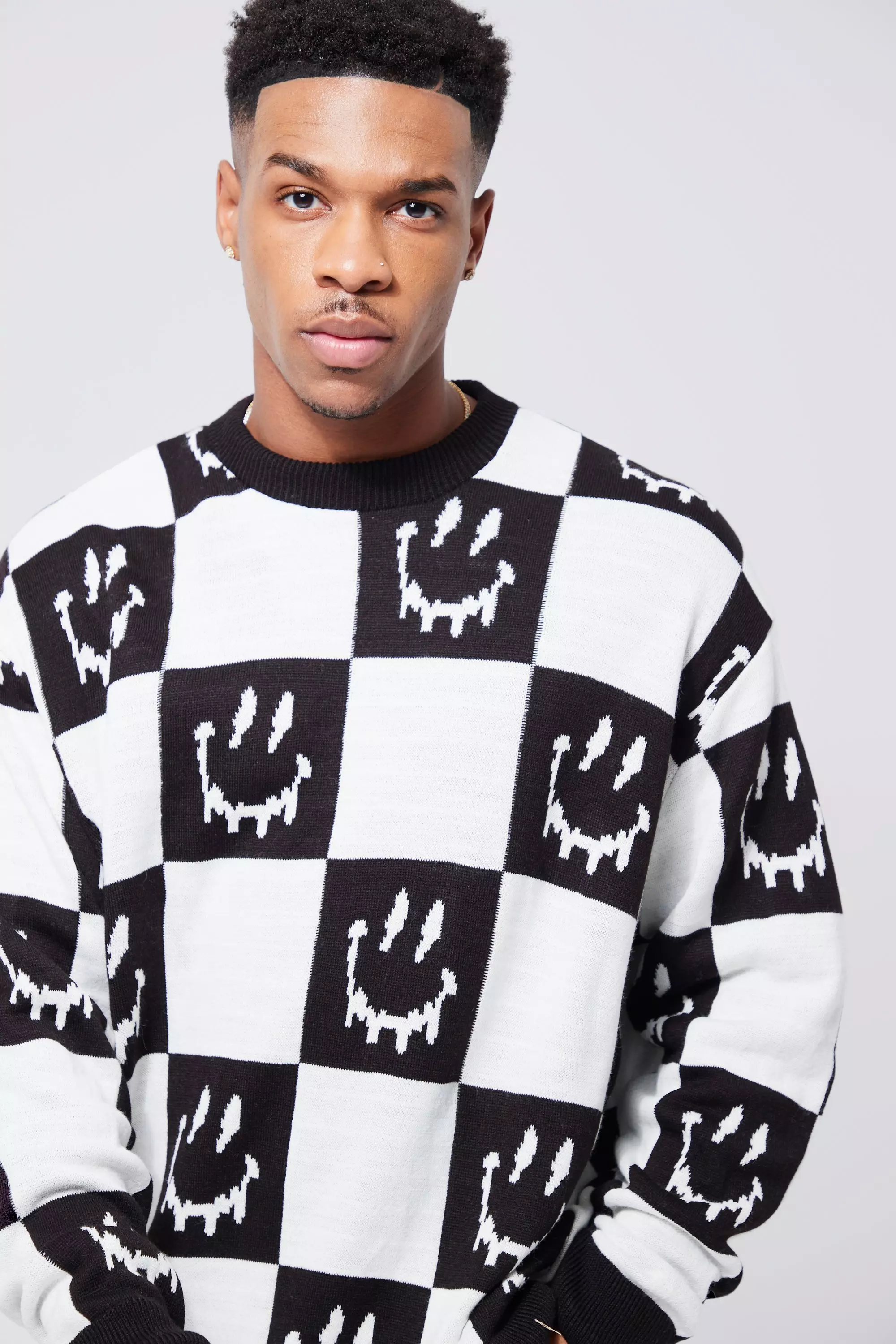 Ecru Checkerboard Face Oversized Knitted Jumper alternative image
