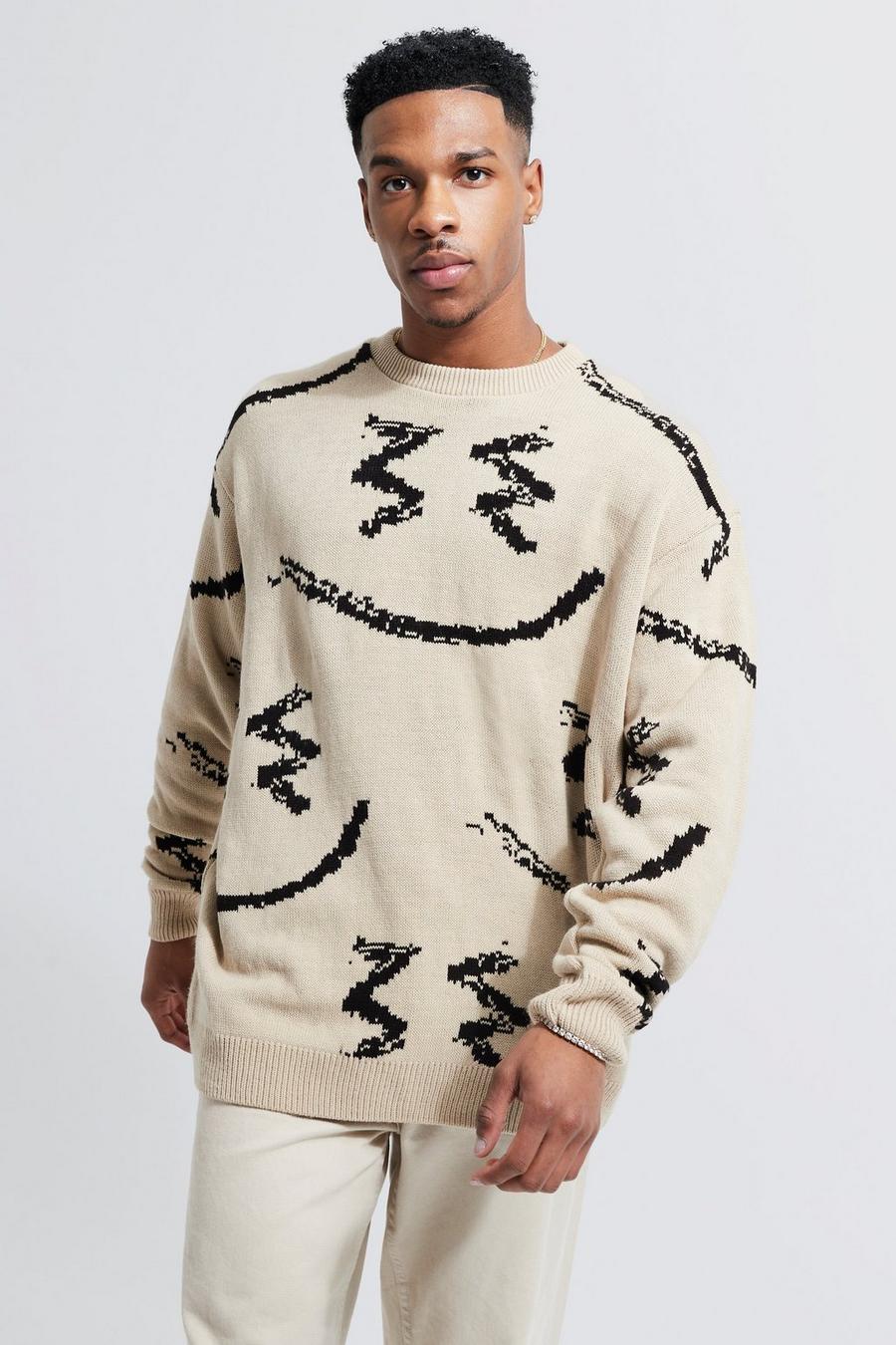 Stone Oversized Zigzag Smiley Knitted Jumper image number 1
