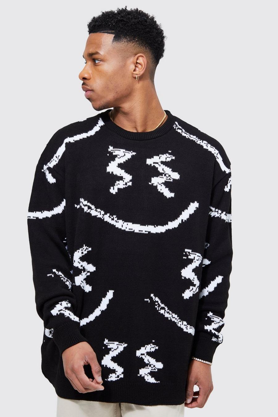 Black Oversized Zigzag Smiley Knitted Jumper image number 1