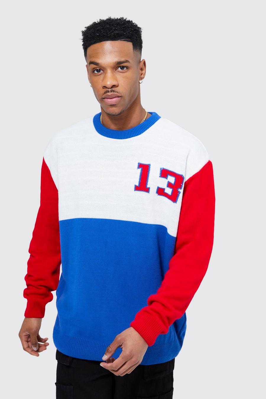Pullover oversize in maglia a blocchi di colore con logo 13, Blue azzurro