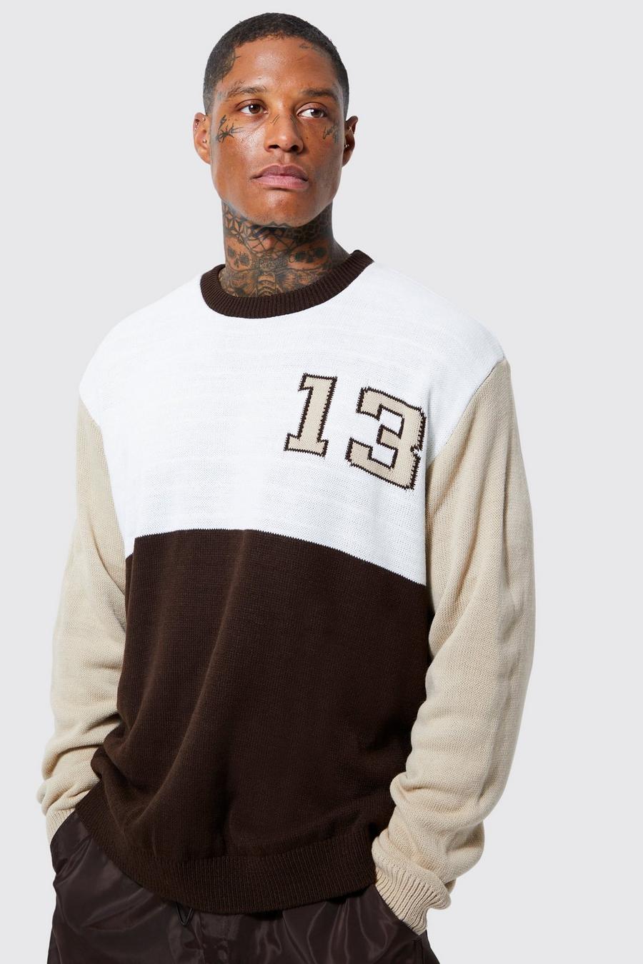 Pullover oversize in maglia a blocchi di colore con logo 13, Chocolate marrone image number 1