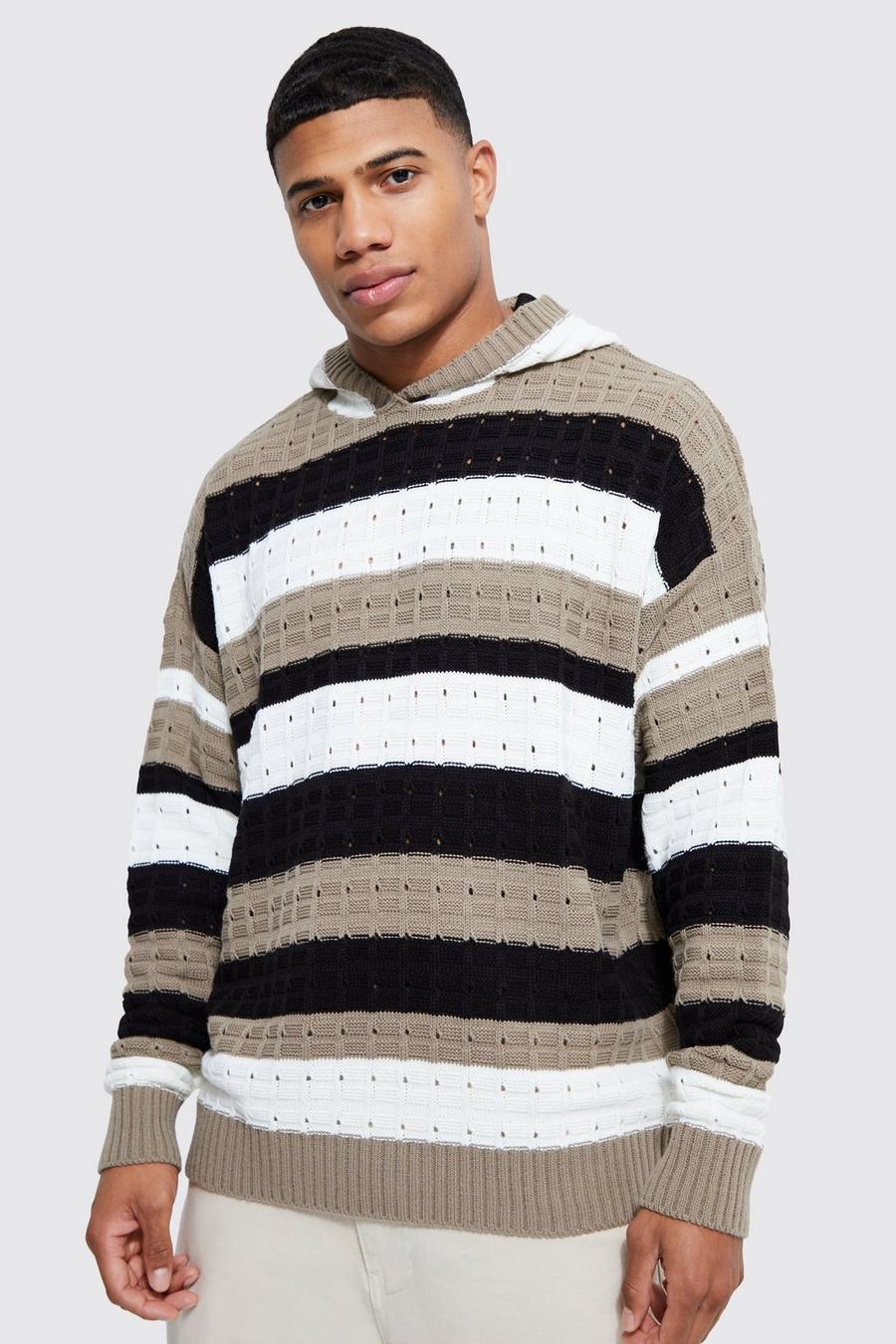 Taupe Oversized Open Stitch Stripe Hoodie image number 1