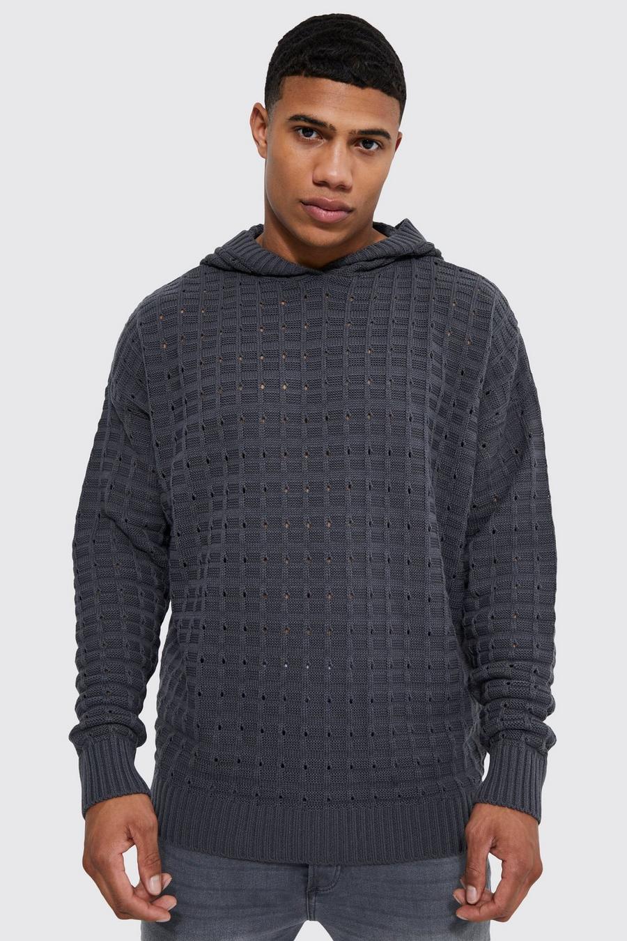Grey Oversized Open Stitch Hoodie image number 1