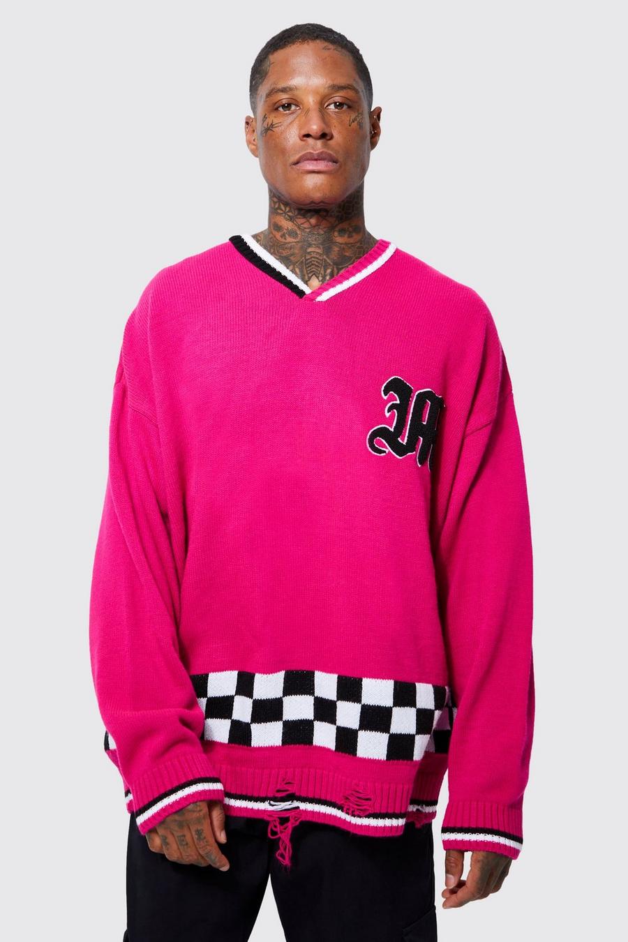 Pink Oversized stickad tröja med rutig panel image number 1
