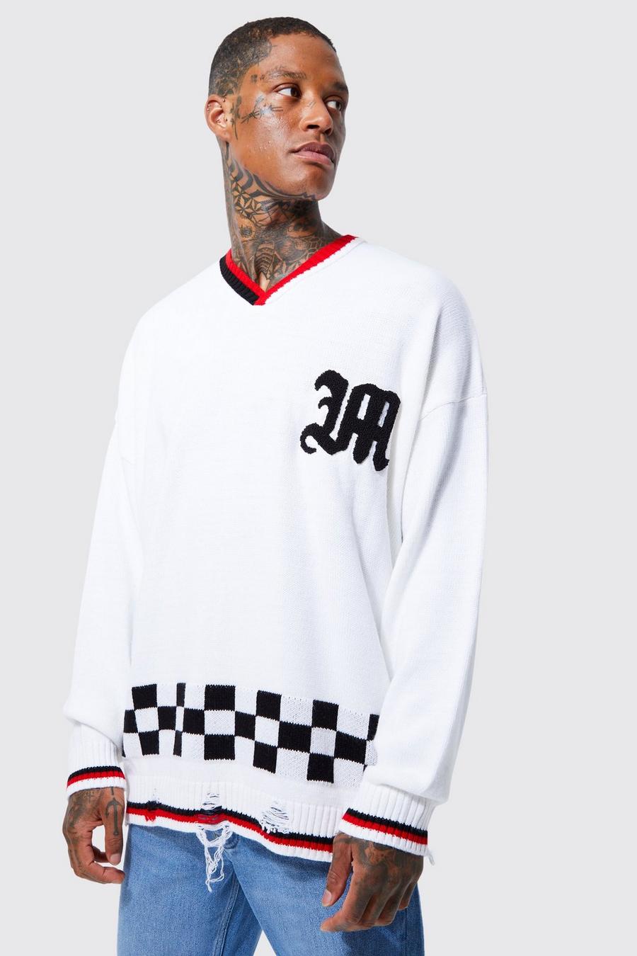 White Oversized Check Hem Knitted Hockey Top image number 1