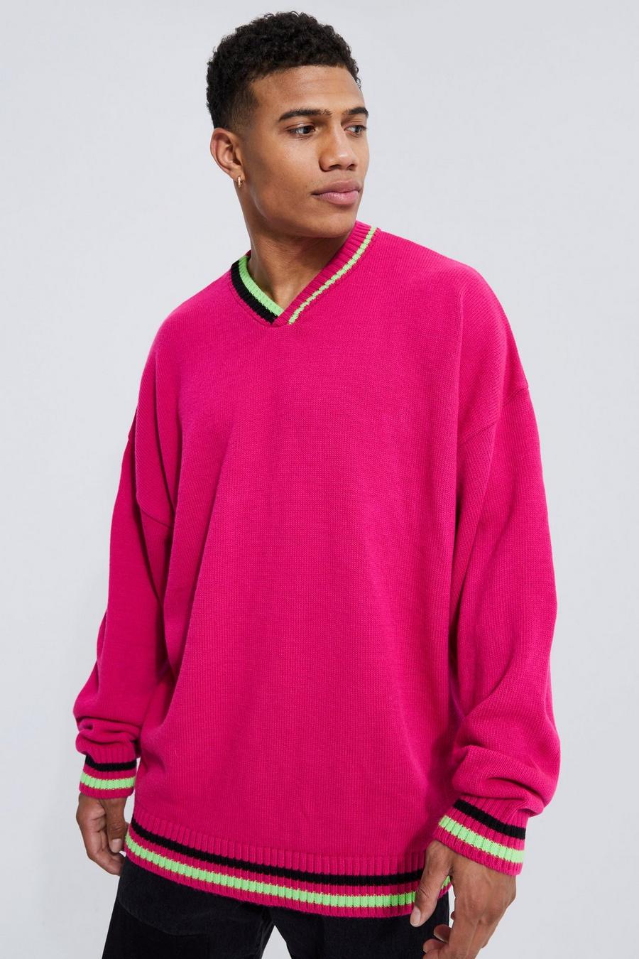 Top oversize con rayas deportivas y escote de pico, Pink image number 1