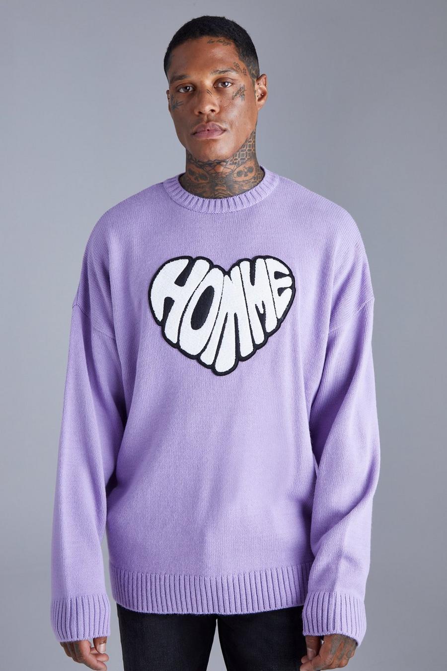 Lilac Oversized Homme Heart Towelling Badge Knitted Jumper image number 1