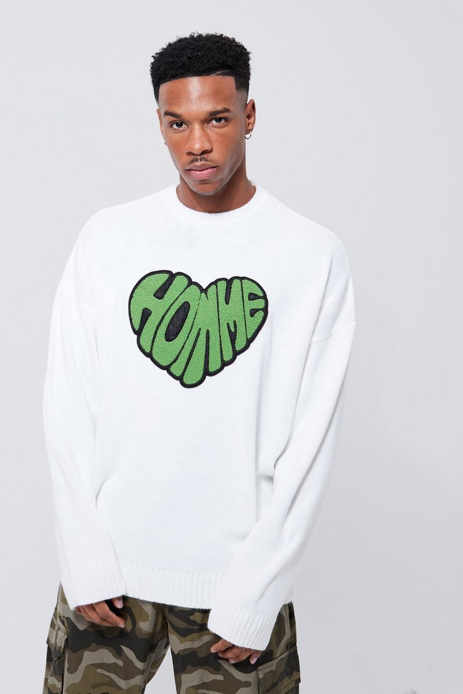 White Oversized Homme Heart Towelling Badge Knitted Jumper image number 1