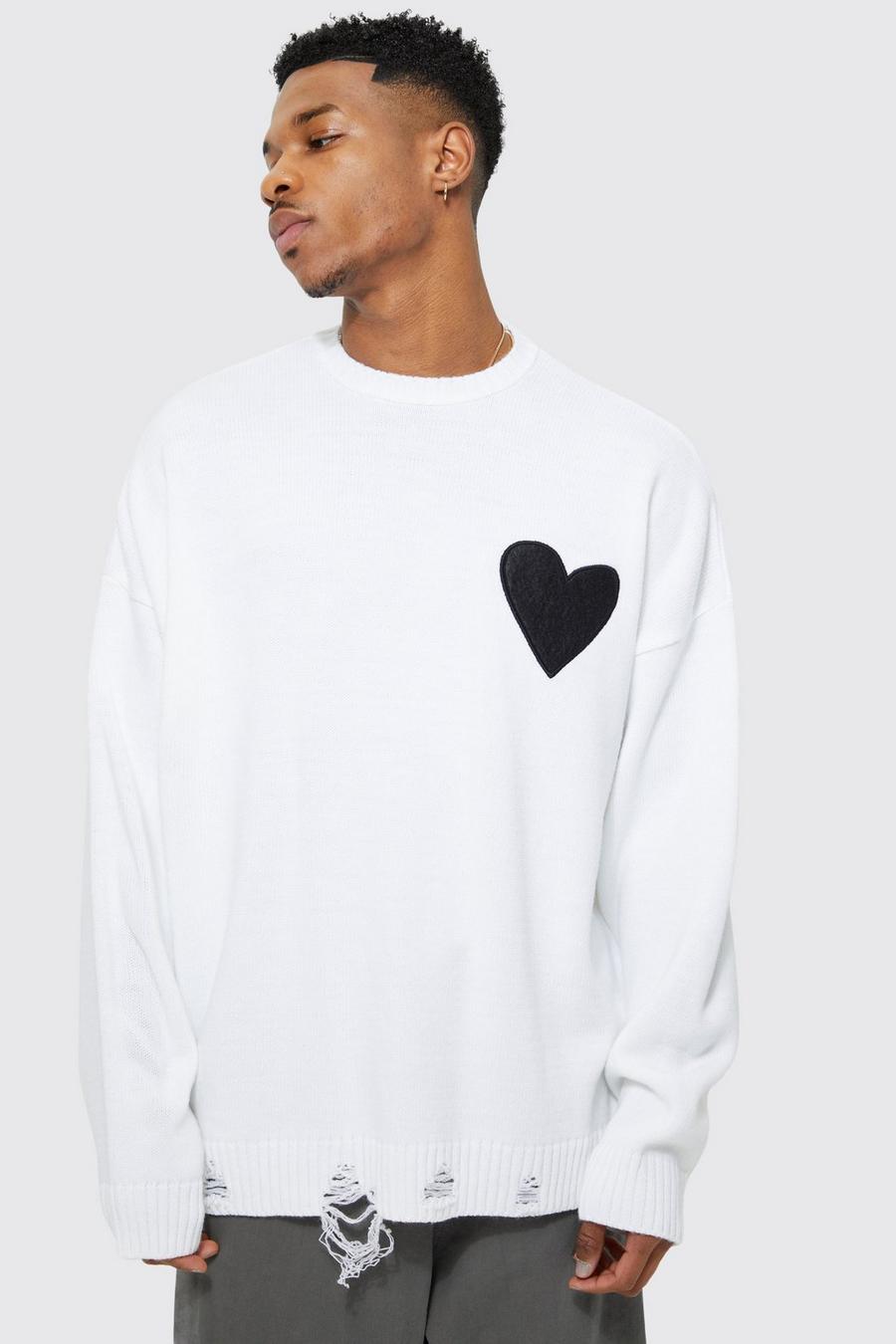 White Oversized Distressed Hem And Heart Detail Jumper image number 1