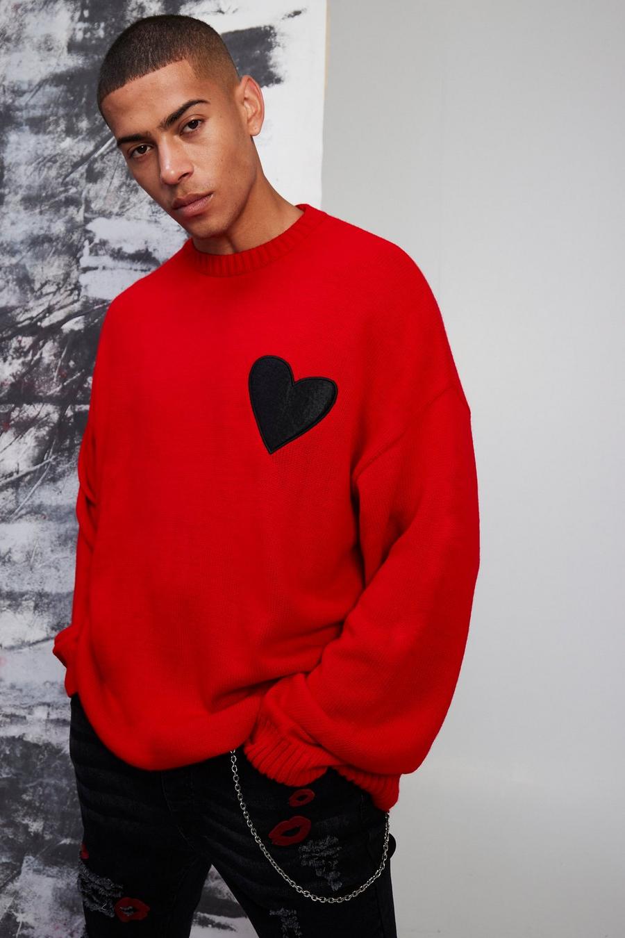 אדום סוודר אוברסייז עם קרעים במכפלת ועיטור לב image number 1