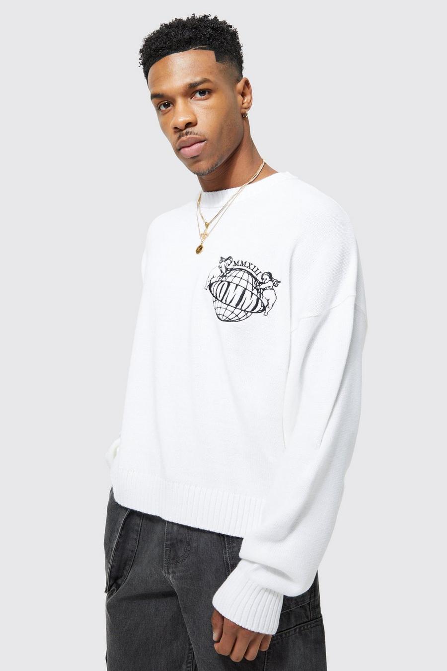 White bianco Homme Chest Embroidered Boxy Knitted Jumper