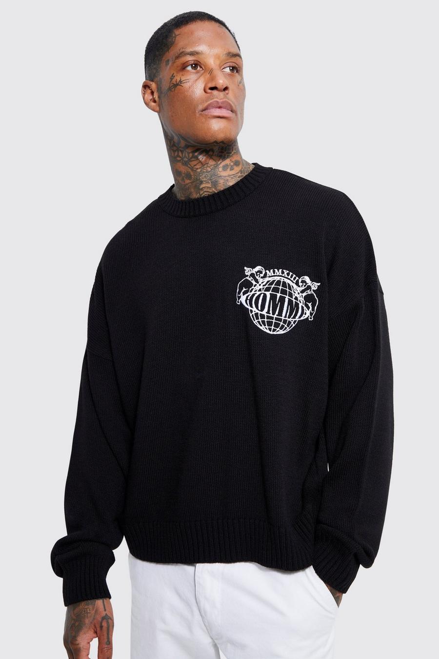 Black Homme Chest Embroidered Boxy Knitted Jumper image number 1
