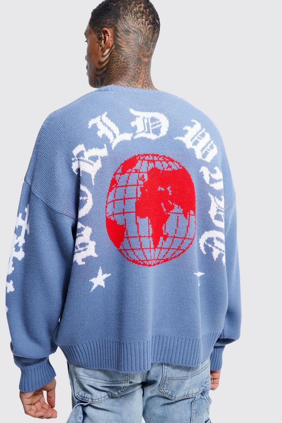 Light blue Worldwide Globe Boxy Knitted Jumper image number 1