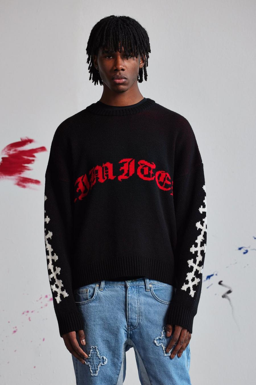 Pullover squadrato in maglia con slogan Worldwide Globe, Black negro image number 1