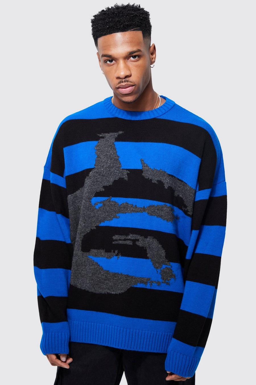 Blue Oversized Brushed Striped Jumper With Contrast Face