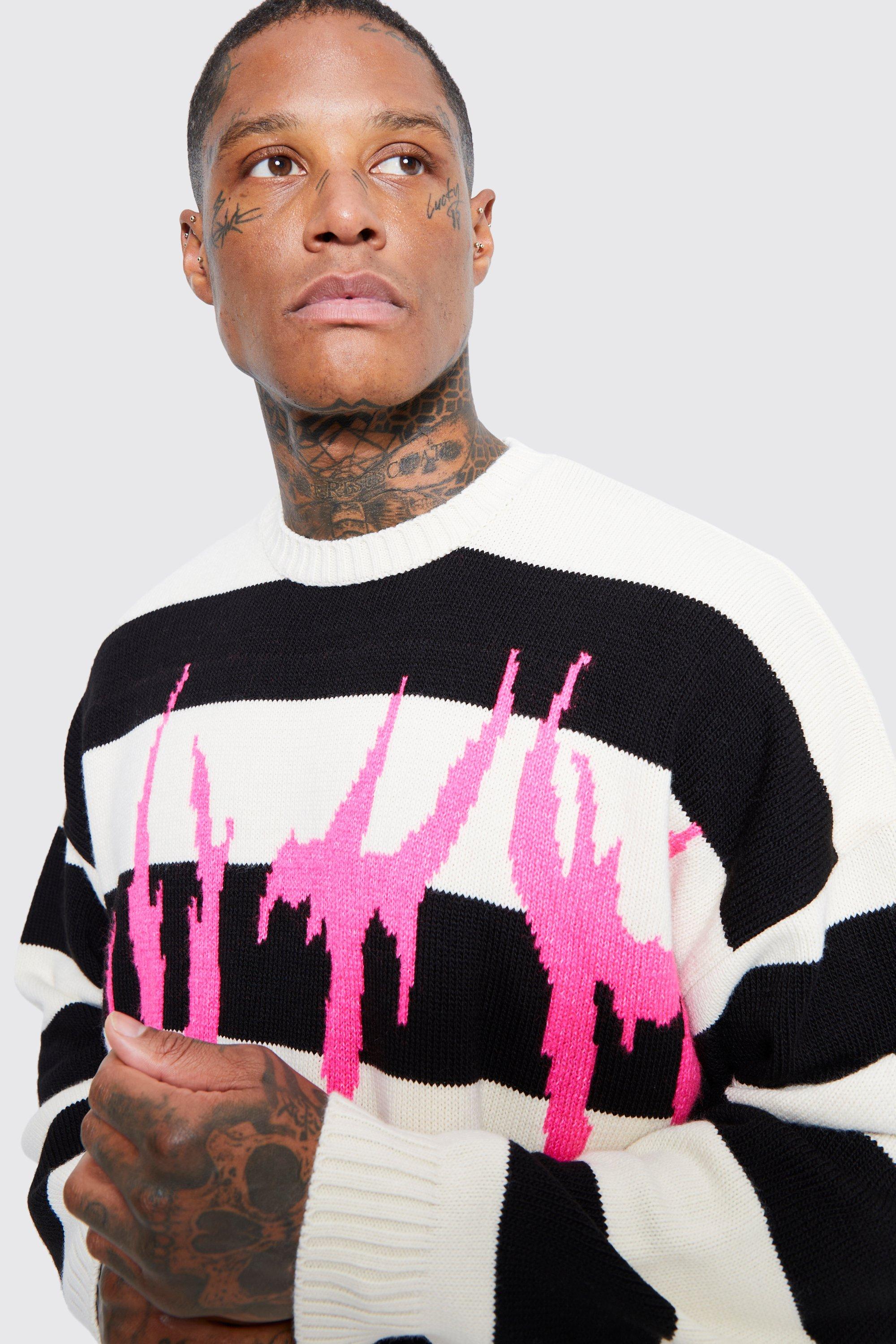 Pink and black striped jumper sale