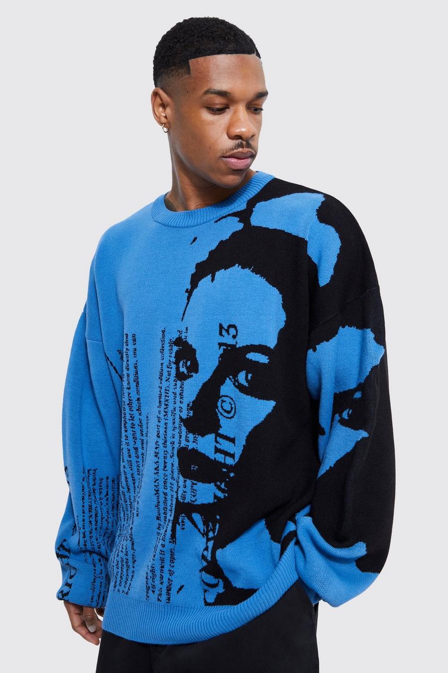 Dusty blue Oversized Portrait Text Knitted Jumper image number 1