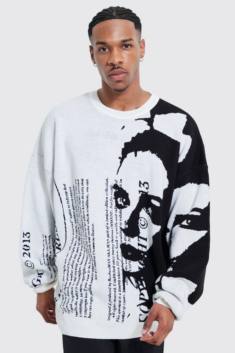 White Oversized Portrait Text Knitted Jumper image number 1