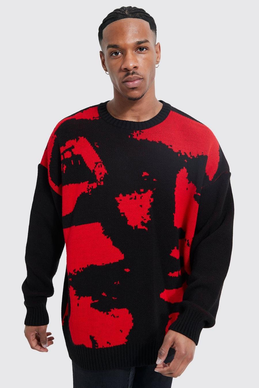 Red Oversized Multi Portrait Knitted Jumper image number 1