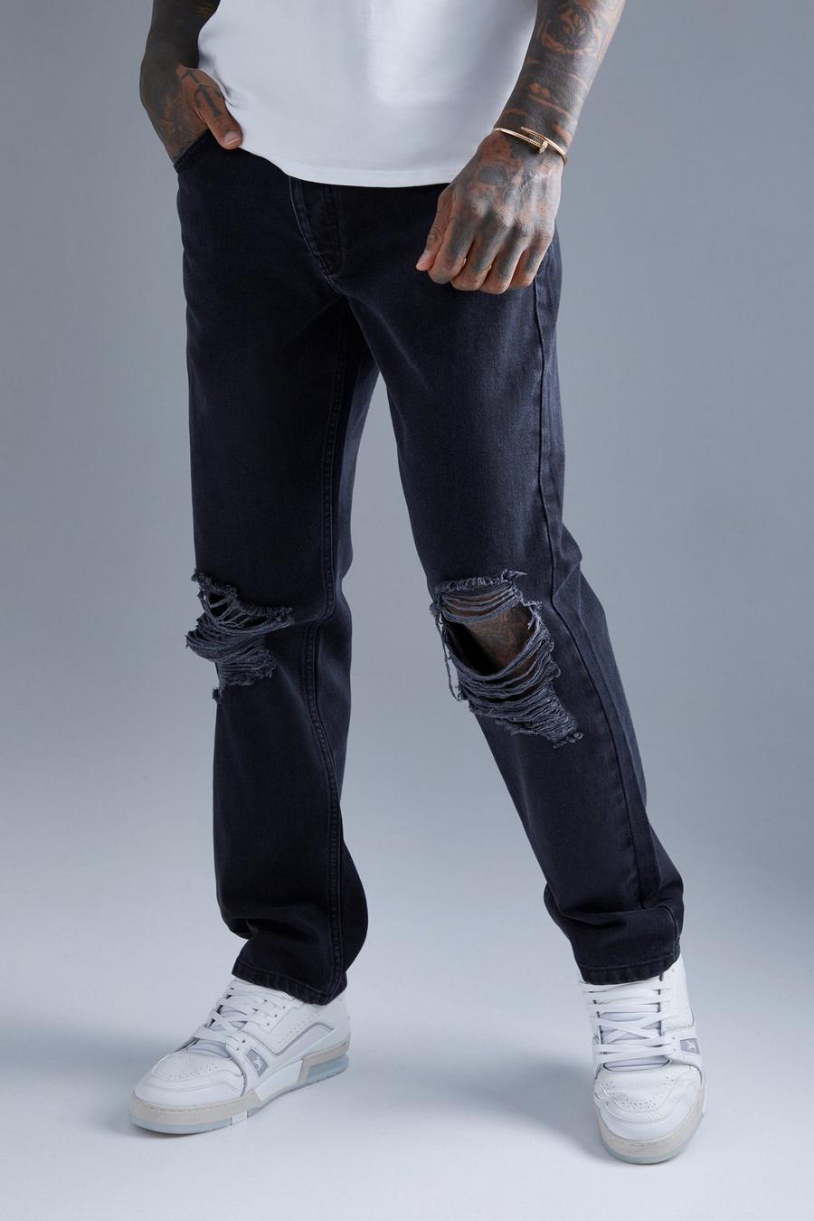 Jeans dritti strappati, Washed black image number 1