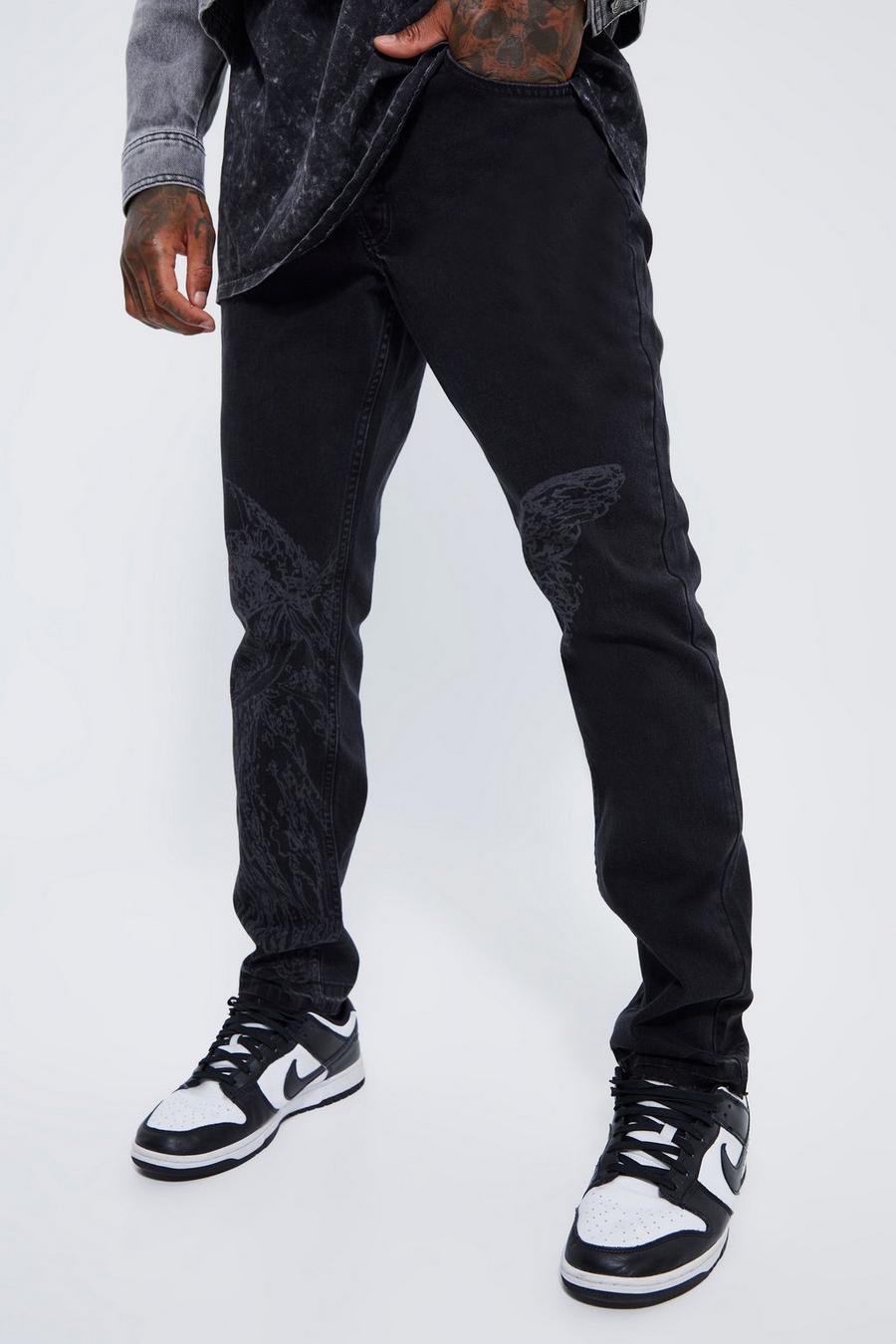 Dark grey Onbewerkte Slim Fit Laser Print Standbeeld Jeans