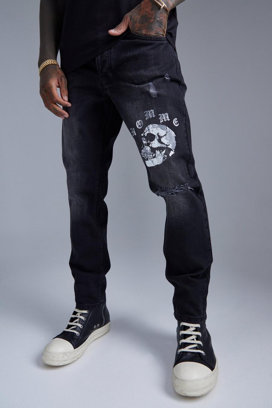 Washed black Onbewerkte Slim Fit Homme Schedel Jeans Met Print image number 1