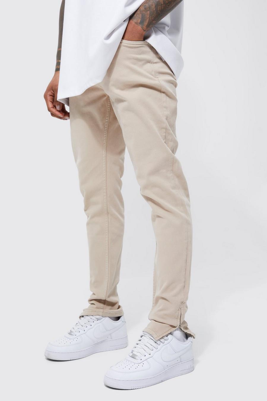 Taupe beige Overdyed Skinny Stretch Jeans With Zip Cuff