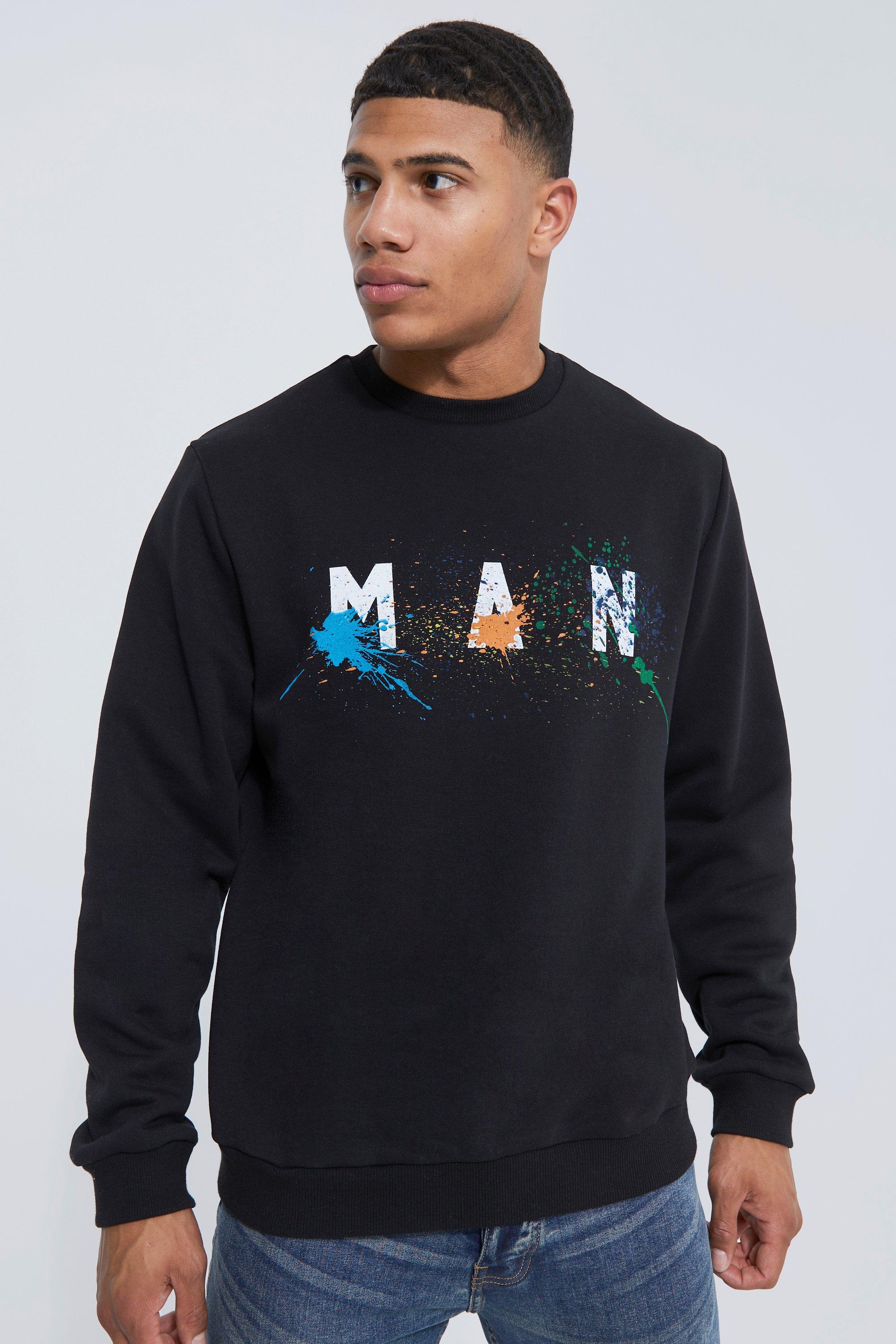 Man Paint Splatter Sweatshirt Boohoo   Mens Black Man Paint Splatter Sweatshirt